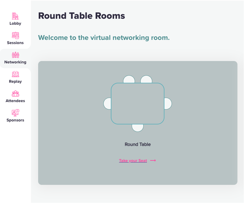 Übersicht der Round Table Rooms auf der Eventplattform.